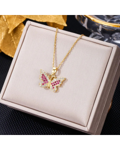 Colorza Elegant Letter Heart Shape Butterfly Stainless Steel Plating Inlaid Artificial Pearls Zircon Pendant Necklace