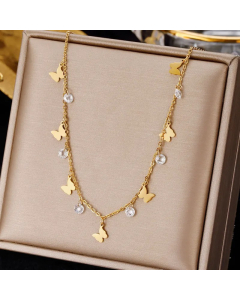 Colorza Elegant Letter Heart Shape Butterfly Stainless Steel Plating Inlaid Artificial Pearls Zircon Pendant Necklace