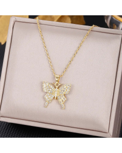 Colorza Heart Shape Butterfly Rabbit Stainless Steel Tassel Plating Inlaid Artificial Pearls Zircon Pendant Necklace
