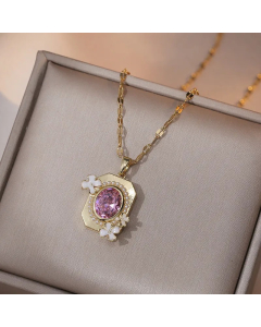 Colorza Sweet Flower Rectangle Titanium Steel Plating Inlaid Artificial Pearls Artificial Diamond Pendant Necklace-Gold Color-Pink