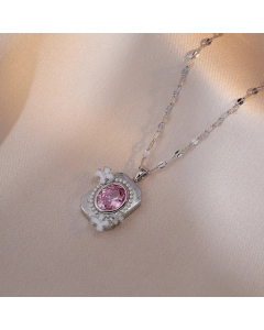 Colorza Sweet Flower Rectangle Titanium Steel Plating Inlaid Artificial Pearls Artificial Diamond Pendant Necklace-Steel Color-Pink