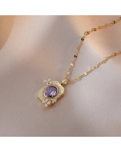 Colorza Sweet Flower Rectangle Titanium Steel Plating Inlaid Artificial Pearls Artificial Diamond Pendant Necklace-Gold Color-Purple