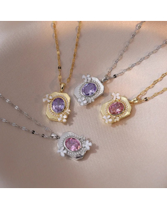Sweet Flower Rectangle Titanium Steel Plating Inlay Artificial Pearls Artificial Diamond Pendant Necklace