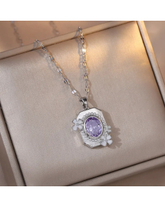 Colorza Sweet Flower Rectangle Titanium Steel Plating Inlaid Artificial Pearls Artificial Diamond Pendant Necklace-Steel Color-Purple