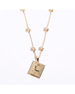 Elegant Retro Letter Star Moon Stainless Steel Plating Inlay Zircon 18K Gold Plated Pendant Necklace