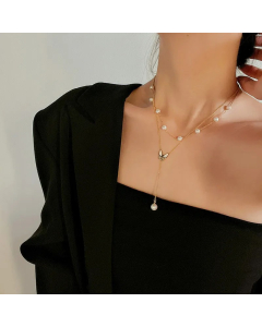 Elegant Sexy Butterfly Titanium Steel Plating Inlay Artificial Pearls Shell 18K Gold Plated Layered Necklaces