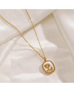 Casual Sweet Rose Stainless Steel Plating Inlay Shell Zircon 18K Gold Plated Pendant Necklace
