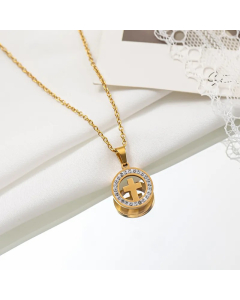 Elegant Streetwear Cross Bear Flower Titanium Steel Inlay Zircon Pendant Necklace