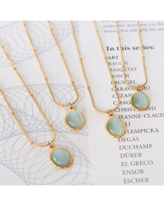 Elegant Retro Oval Titanium Steel Inlay Opal 18K Gold Plated Pendant Necklace