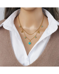 Hip-Hop Commute Circle Devil'S Eye Titanium Steel Plating Inlay Turquoise 18K Gold Plated Layered Necklaces