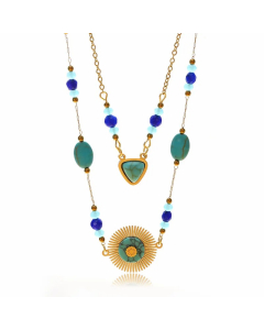 Retro Ethnic Style Triangle Round Stainless Steel Beaded Plating Inlay Natural Stone Layered Necklaces