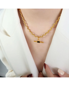 Elegant Luxurious Rectangle Titanium Steel Plating Inlay Glass Stone 18K Gold Plated Necklace