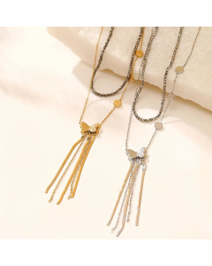 Sweet Simple Style Butterfly Stainless Steel Beaded Tassel Plating Layered Necklaces_colorza_5