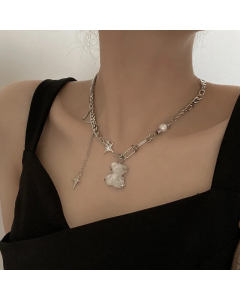 Cartoon Style Sweet Little Bear Titanium Steel Patchwork Pearl Inlay Resin Pendant Necklace