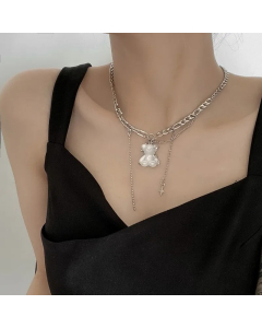 Little Bear Titanium Steel Patchwork Pearl Inlay Resin Pendant Necklace