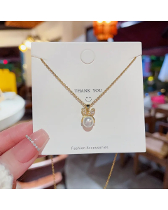 Cute Bunny Ears Titanium Steel Pearl Inlay Zircon Pendant Necklace