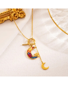 INS Style Artistic Moon Heart Shape Flower Stainless Steel Enamel Plating Inlay Zircon 18K Gold Plated Pendant Necklace