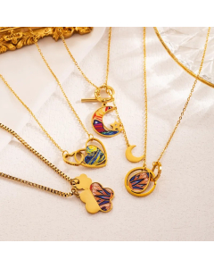 INS Style Artistic Moon Heart Shape Flower Stainless Steel Enamel Plating Inlay Zircon 18K Gold Plated Pendant Necklace_colorza_4
