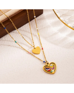 INS Style Artistic Heart Shape Flower Butterfly Stainless Steel Enamel Plating 18K Gold Plated Layered Necklaces