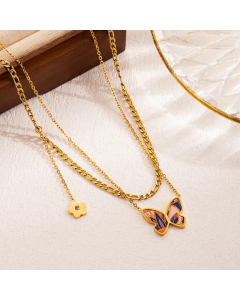 INS Style Artistic Heart Shape Flower Butterfly Stainless Steel Enamel Plating 18K Gold Plated Layered Necklaces