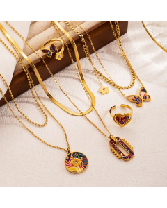 INS Style Artistic Heart Shape Flower Butterfly Stainless Steel Enamel Plating 18K Gold Plated Layered Necklaces_colorza_4