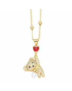 Cute Little Bear Stainless Steel Copper Inlay Zircon 18K Gold Plated Pendant Necklace