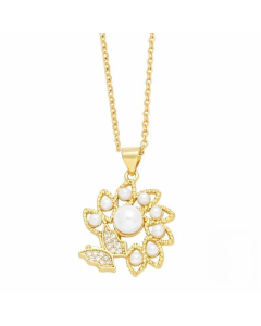 Elegant Simple Style Flower Butterfly Stainless Steel Copper Plating Inlay Pearl Zircon 18K Gold Plated Pendant Necklace