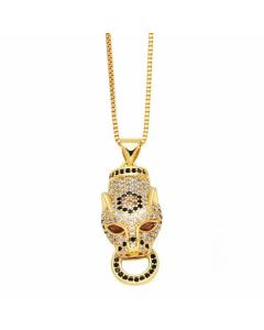 Hip-Hop Leopard Head Stainless Steel Copper Inlay Zircon 18K Gold Plated Pendant Necklace