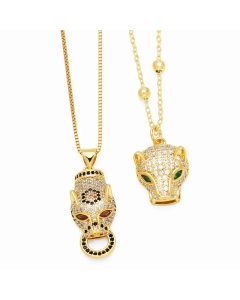 Hip-Hop Leopard Head Stainless Steel Copper Inlay Zircon 18K Gold Plated Pendant Necklace_colorza_4