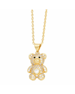 Cute Sweet Little Bear Stainless Steel Copper Plating Inlay Zircon 18K Gold Plated Pendant Necklace Long Necklace