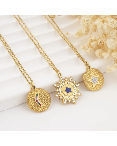 Retro Star Moon Titanium Steel Enamel Inlay Zircon Pendant Necklace