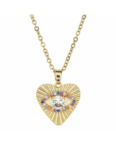 Bohemian Devil's Eye Hand Of Fatima Heart Shape Stainless Steel Inlay Artificial Crystal Pendant Necklace