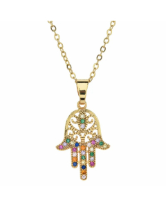 Bohemian Devil's Eye Hand Of Fatima Heart Shape Stainless Steel Inlay Artificial Crystal Pendant Necklace