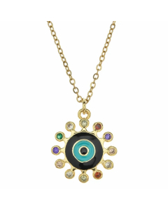 Bohemian Devil's Eye Hand Of Fatima Heart Shape Stainless Steel Inlay Artificial Crystal Pendant Necklace