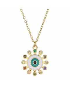 Bohemian Devil's Eye Hand Of Fatima Heart Shape Stainless Steel Inlay Artificial Crystal Pendant Necklace
