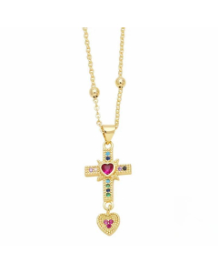 Modern Style Cross Heart Shape Stainless Steel Copper Plating Inlay Zircon 18K Gold Plated Pendant Necklace