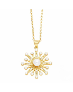 Modern Style Moon Flower Stainless Steel Copper Plating Inlay Beads Zircon 18K Gold Plated Pendant Necklace
