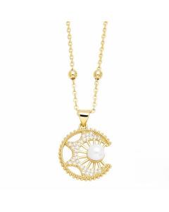 Modern Style Moon Flower Stainless Steel Copper Plating Inlay Beads Zircon 18K Gold Plated Pendant Necklace