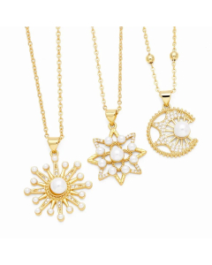 Modern Style Moon Flower Stainless Steel Copper Plating Inlay Beads Zircon 18K Gold Plated Pendant Necklace_colorza_5