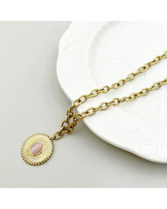 Vintage Style Round Stainless Steel Polishing Plating Inlay Opal Gold Plated Pendant Necklace