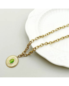 Vintage Style Round Stainless Steel Polishing Plating Inlay Opal Gold Plated Pendant Necklace
