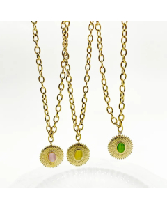 Vintage Style Round Stainless Steel Polishing Plating Inlay Opal Gold Plated Pendant Necklace_colorza_4