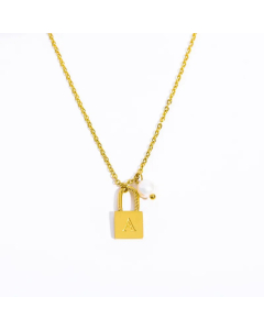 Letter A Lock Titanium Steel Pearl Plating 18K Gold Plated Pendant Necklace