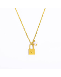 Letter C Lock Titanium Steel Pearl Plating 18K Gold Plated Pendant Necklace