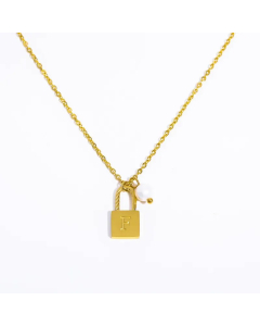 Letter F Lock Titanium Steel Pearl Plating 18K Gold Plated Pendant Necklace