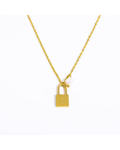 Letter J Lock Titanium Steel Pearl Plating 18K Gold Plated Pendant Necklace