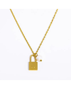 Letter L Lock Titanium Steel Pearl Plating 18K Gold Plated Pendant Necklace