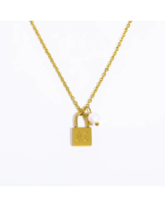 Letter M Lock Titanium Steel Pearl Plating 18K Gold Plated Pendant Necklace