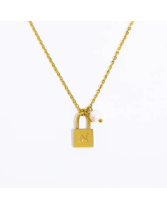 Letter N Lock Titanium Steel Pearl Plating 18K Gold Plated Pendant Necklace