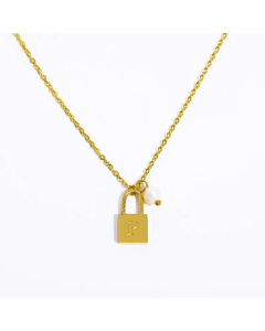 Letter P Lock Titanium Steel Pearl Plating 18K Gold Plated Pendant Necklace